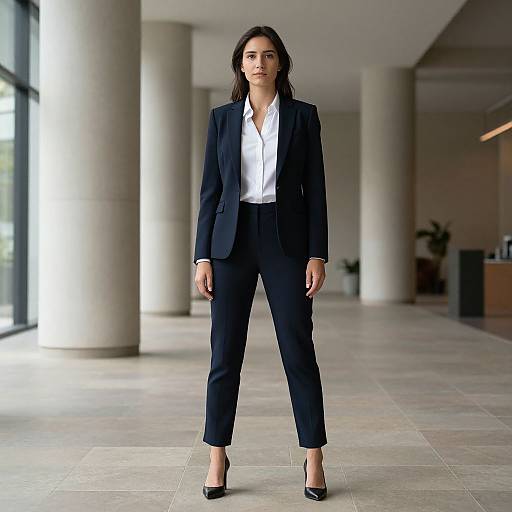 Photograph of a confident woman with long dark hair in a black blazer, white shirt, and black pants, standing in a modern, sunlit
