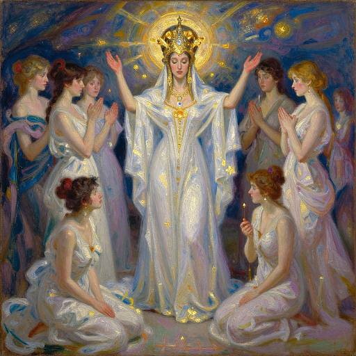 Painting of a radiant, crowned woman in white, surrounded by eight kneeling, adoring women in flowing, glowing robes, against a dark, star