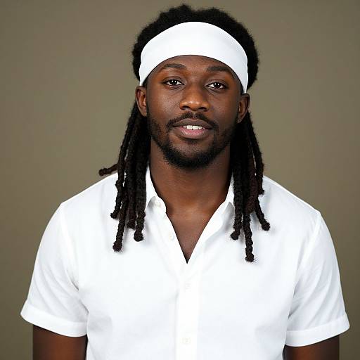 Photograph of a Black man with dark skin, dreadlocks, white headband, and white shirt, standing against a plain gray background.