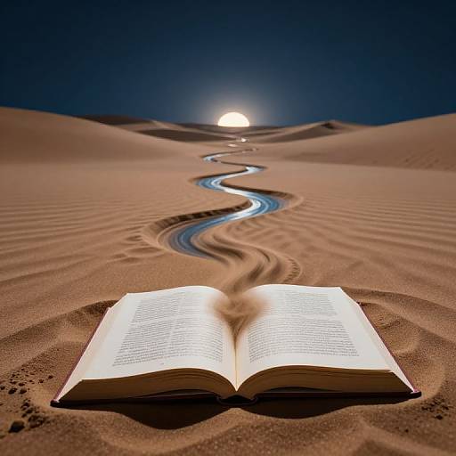 Photograph of an open book in a desert with a winding river of sand, under a glowing full moon in a dark sky.