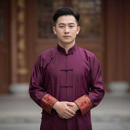 Photograph of a young Asian man with short black hair, wearing a deep purple traditional Chinese qipao with red embroidery, standing hands clasped,