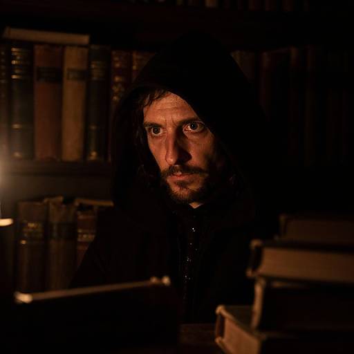 Photograph of a bearded man with intense eyes, dimly lit, wearing a dark hooded cloak, surrounded by shadowy bookshelves.