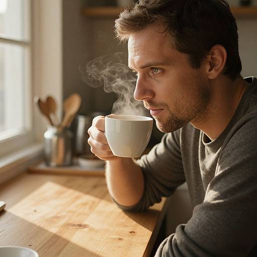 Photograph of a handsome, bearded man with short brown hair, wearing a gray sweater, holding a steaming white coffee cup, sitting at a