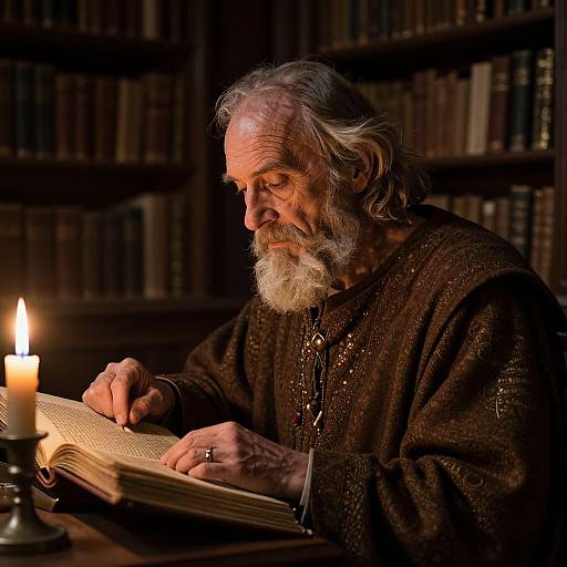 Elderly man with white beard, wearing brown medieval robe, reading illuminated book by candlelight in a dim, book-filled library. Photograph.