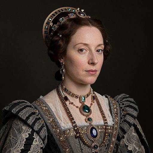 Photograph of a pale-skinned woman with dark brown hair in an ornate, black and gold Renaissance-style dress adorned with jewels, pearls, and