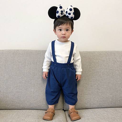 Photograph of a young Asian boy wearing Minnie Mouse ears, white shirt, navy suspenders, blue pants, and brown shoes, standing on a