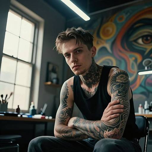 Photograph of a tattooed, short-haired, white man in a black tank top, seated in a dimly lit tattoo shop with colorful mural and