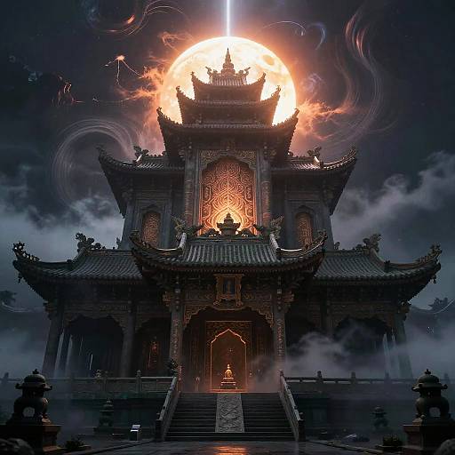 Digital artwork of a dark, ornate temple with intricate carvings, fronted by fog and stairs, bathed in a glowing, fiery full