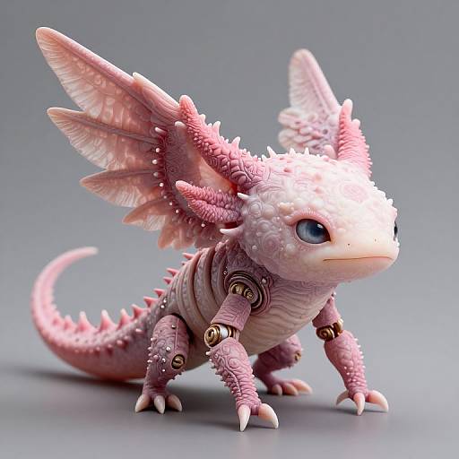 Digital 3D CGI of a small, pink, dragon-like creature with intricate scales, large blue eyes, and wing-like fins, standing on a