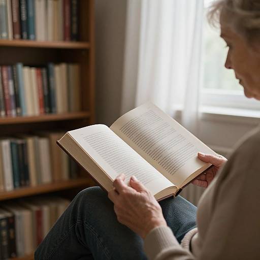Photograph of an elderly woman with short gray hair, wearing a beige sweater and blue jeans, reading a book in a sunlit room with a book