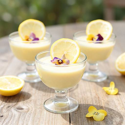 Photograph of three glass cups filled with yellow lemon-infused drinks, each garnished with a lemon slice and purple flower, on a wooden table with