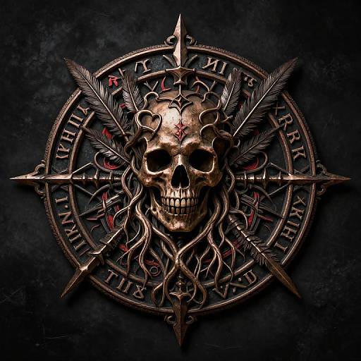 Photograph of a dark, metallic, intricate skull emblem with feathers and arrows, surrounded by a circular Latin text, set against a black textured background.