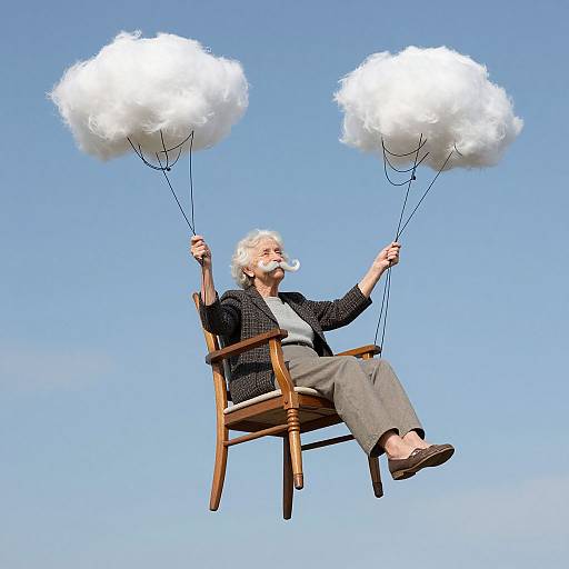 Photograph of an elderly woman with white hair, wearing a black jacket and gray pants, sitting on a wooden chair, flying against a blue sky,