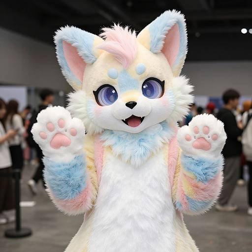 Photograph of a fluffy, white and pastel-colored anthropomorphic fox with blue eyes, pink paw pads, and raised paws, in a crowded