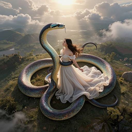 Digital artwork of a woman in a white off-shoulder dress, standing on a mountain, surrounded by a large, coiled blue-green snake,