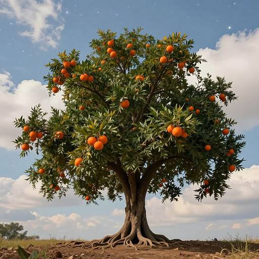 Photograph of a lush orange tree with vibrant green leaves and numerous bright orange fruits, standing tall under a blue sky with scattered white clouds.