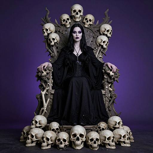 Photograph of a pale woman with dark hair and black dress, seated on a skull-adorned throne surrounded by skulls, against a purple background.