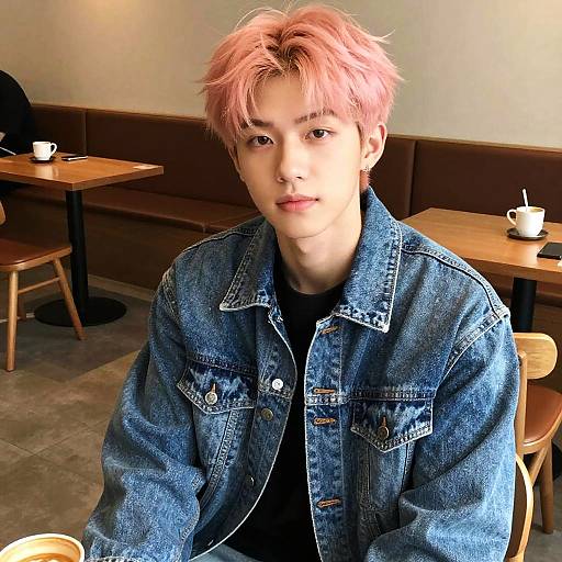 Photograph of an Asian man with pink, tousled hair wearing a blue denim jacket, sitting in a minimalist café with wooden tables and chairs.