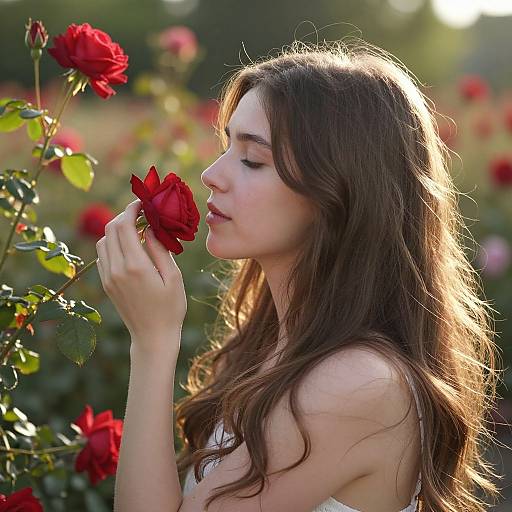 Young Woman Savoring Red Rose Fragrance