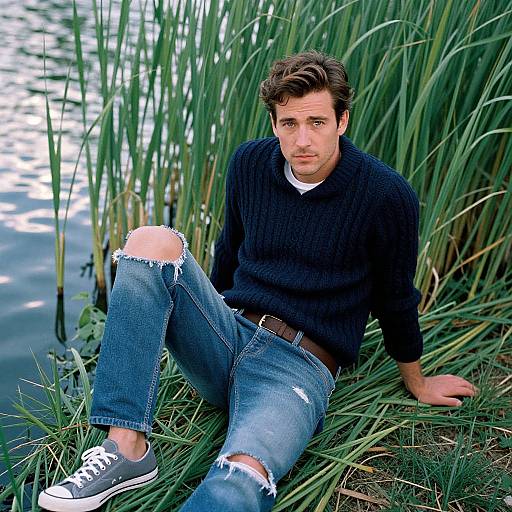 Photograph of a young Caucasian man with wavy brown hair, wearing a black sweater, ripped blue jeans, and black sneakers, sitting by a lakes