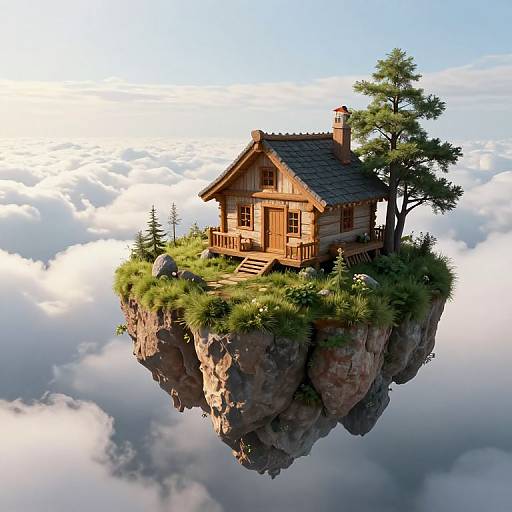 Photorealistic digital art of a wooden house with a shingled roof, surrounded by grass and trees, floating on a rocky cliff above a sea