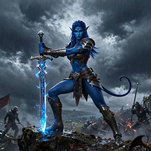 Digital fantasy artwork of a blue-skinned, muscular, elven warrior with pointed ears, holding a glowing blue sword, standing amid a stormy battlefield