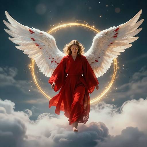 Digital artwork of an angelic woman with white wings and red robe, walking on clouds, framed by a glowing golden halo.