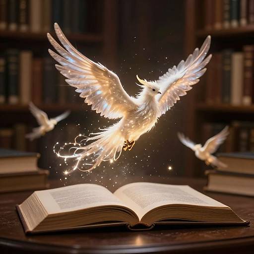 Photograph of a glowing white dove with wings spread, hovering above an open book, surrounded by sparkles, in a dimly lit library.