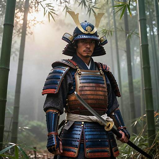 Photograph of a serious Japanese samurai in traditional armor with blue and black scales, standing in a misty bamboo forest. Sunlight filters through trees