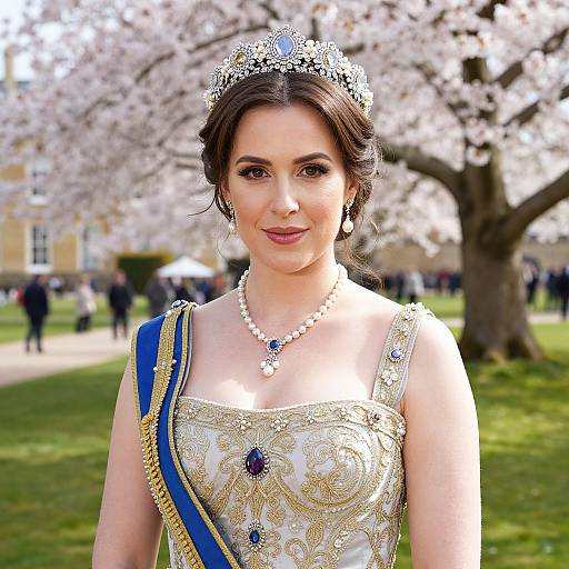 Photograph of a fair-skinned woman with dark brown hair in an intricate gold and blue gown, tiara, and pearl necklace, standing in a