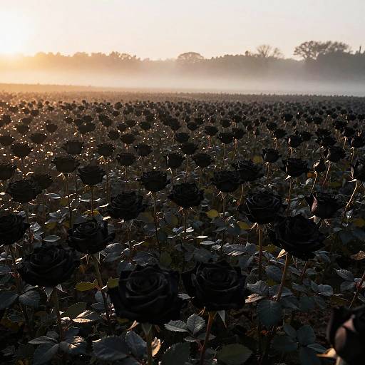 Photograph of a dense, dark silhouetted field of lotus plants at sunrise, with a glowing, misty horizon and sun peeking
