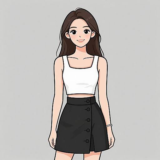 Digital anime-style drawing of a young woman with long brown hair, wearing a white crop top and black buttoned skirt, standing against a plain light blue