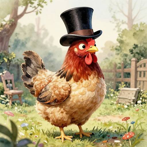 Digital illustration of a brown and black feathered chicken wearing a black top hat, standing in a sunny, flower-filled garden.