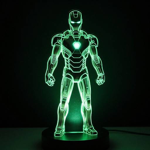Neon green, glowing, wireframe Iron Man statue standing against a black background, illuminated from within, highlighting detailed armor and joints.