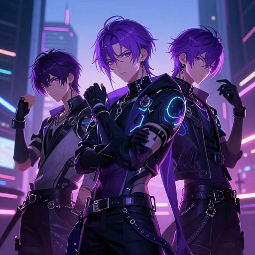 Digital anime artwork of three purple-haired men in dark, cyberpunk outfits with glowing blue accents, standing confidently in a neon-lit cityscape at dusk