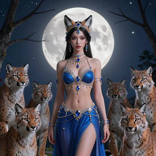 Mystical Woman with Lynxes at Night