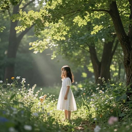 Photograph of a young girl in a white dress standing in a sunlit, forested meadow with blooming flowers and dappled sunlight.
