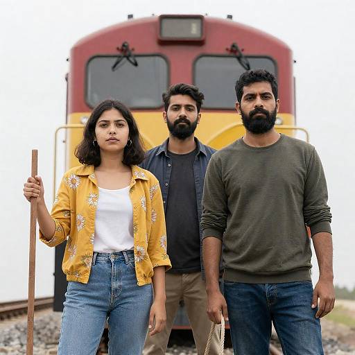 People on Train Tracks with Colorful Train