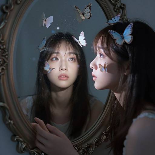 Photograph of an Asian woman with long black hair, wearing a white dress, gazing into an ornate mirror, surrounded by glowing blue butterflies,