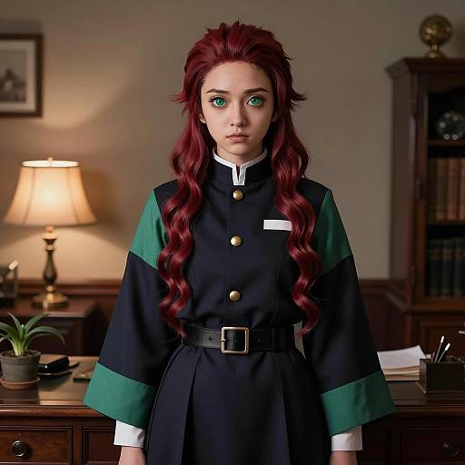 Cosplay Woman with Red Wavy Hair in Vintage Office