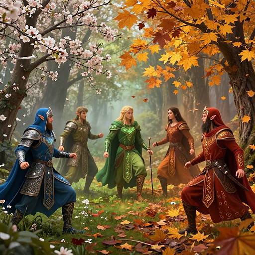 Fantasy forest scene: five armored elves in vibrant colors (blue, green, red) argue under blooming cherry and autumn trees, surrounded by falling