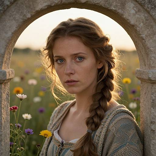 Photograph of a young, fair-skinned woman with blue eyes and a braided brown hairstyle, wearing a textured, blue-gray cardigan, standing