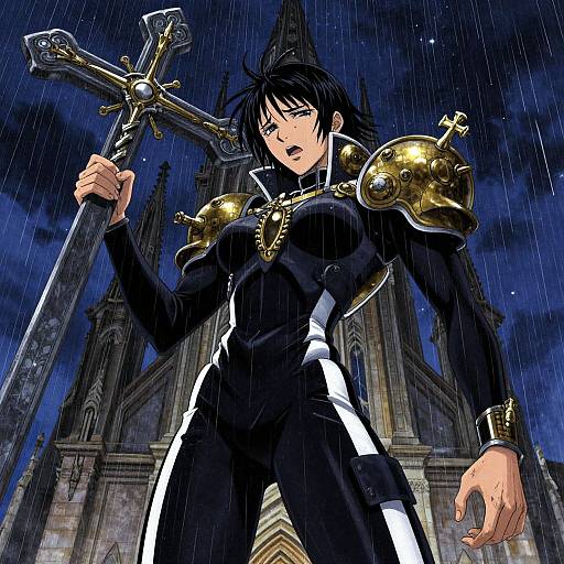 Digital anime-style drawing of a determined woman with black hair, blue eyes, and gold armor holding a cross in a rainy night. Gothic cathedral background.