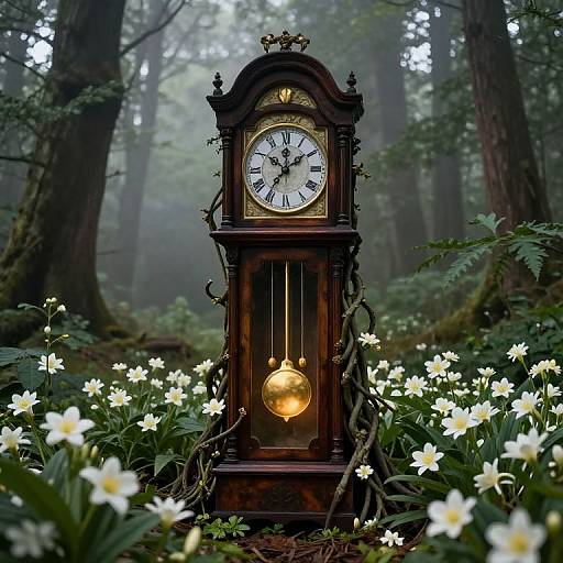 Photograph of an antique, wooden grandfather clock with a glowing orb, surrounded by white flowers, in a misty forest.