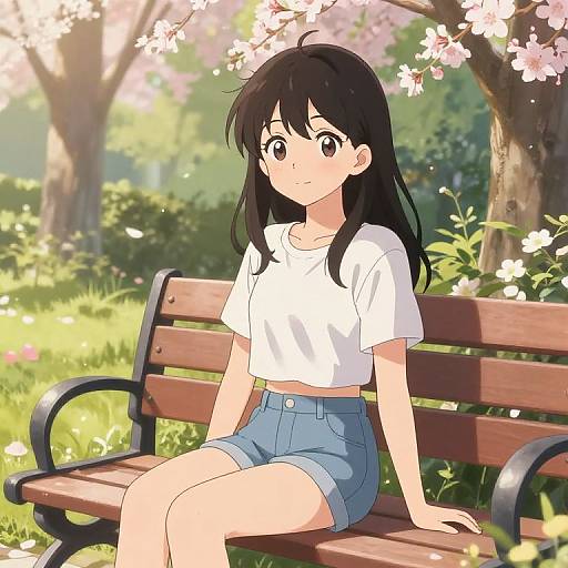 Anime Girl in Park with Flowers