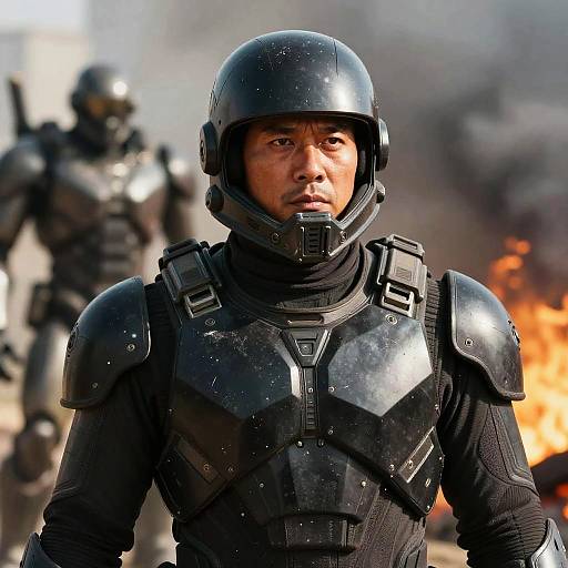 Photograph of a serious male soldier in black armor with a helmet, standing in a smoky, fiery battlefield with another armored figure in the background.