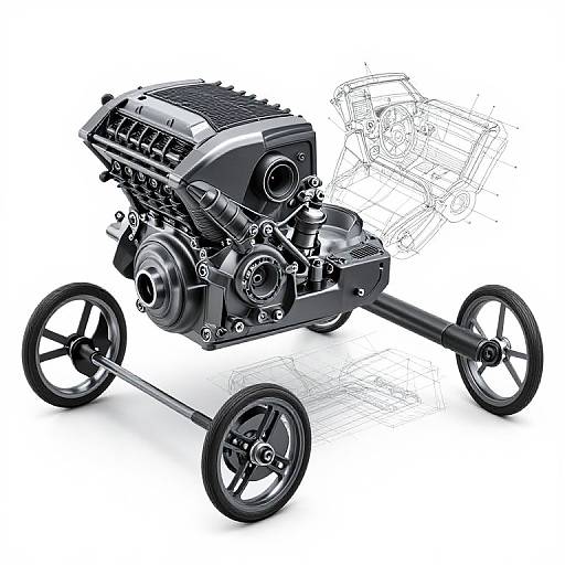 Photorealistic CGI of a sleek, black, high-performance engine with four wheels, detailed metal textures, and intricate mechanical components.