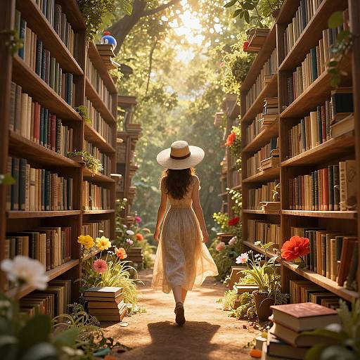 Photograph: Woman with long brown hair and white sunhat walks down sunlit, flower-filled library aisle, surrounded by bookshelves and potted