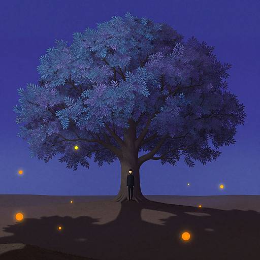 Digital artwork of a lone person standing beneath a glowing, blue-purple tree against a deep blue night sky, surrounded by floating orange lights.