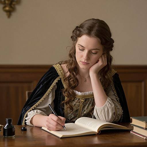 Regal Woman Writing in Quiet Chamber